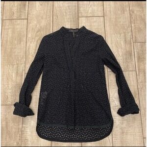 BCBG Maxazria Top XS Black Eyelet Pattern Mock Neck Long Sleeve Whimsigoth Shirt